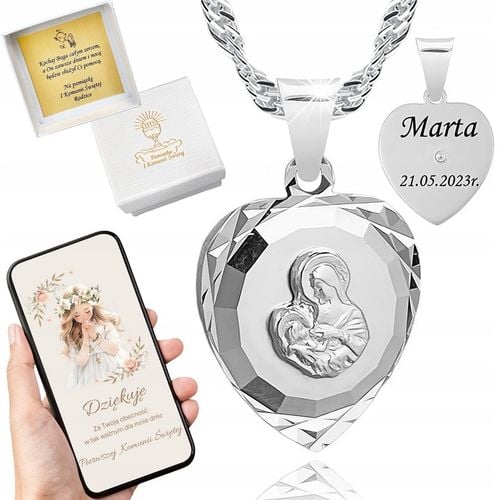 Srebrny łańcuszek i medalik komunijny z grawerem Matka Boska 45 cm prezent na Arena.pl