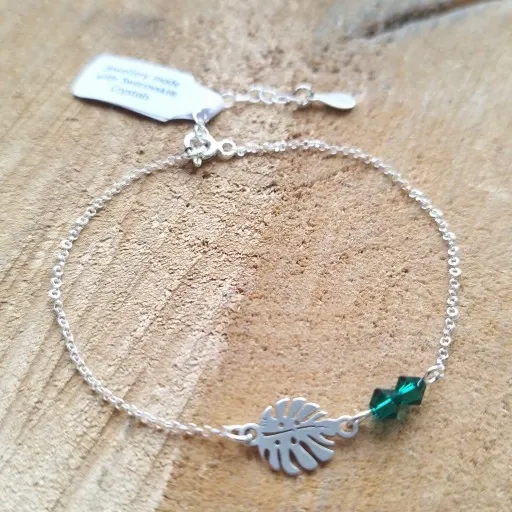 BRANSOLETKA SREBRNA LIŚĆ MONSTERA I KR. SWAROVSKI SREBRO 925 zdjęcie 3