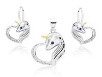 Delikatny rodowany srebrny wiszący komplet serca jednorożce unicorn cyrkonie srebro 925 Z1728DZGR_WBL