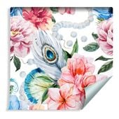 Tapeta Kwiaty Liście Pawie Pióra Perły Natura do Sypialni