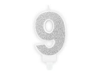 Świeczka urodzinowa cyfra 9 srebrna, 7 cm