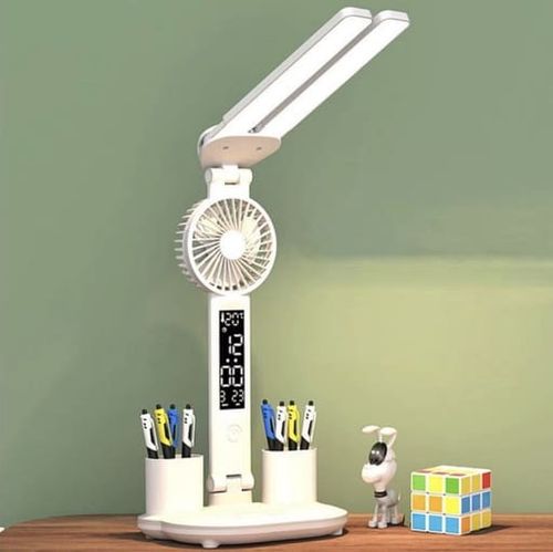 Lampka LED biurkowa z wentylatorem zegarem i wyświetlaczem 7w1 biała na Arena.pl