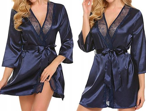 SATYNOWY SZLAFROK DAMSKI PODOMKA Z KORONKĄ ELEGANCKI PENIUAR STRINGI KOLORY na Arena.pl