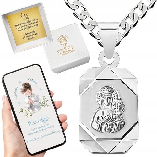 Łańcuszek srebrny Medalik komunijny MATKA BOSKA na Komunię czy Chrzest 45cm na Arena.pl