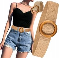 Pasek Elastyczny Słomiany Szeroki Klamra Okrągła