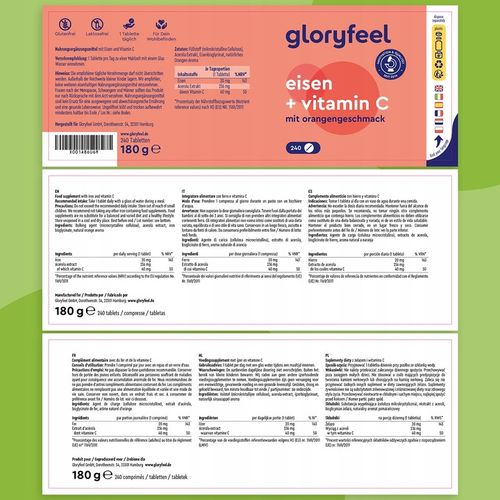 ŻELAZO + WITAMINA C KWAS ASKORBINOWY na odporność 240 tabletek gloryfeel na Arena.pl