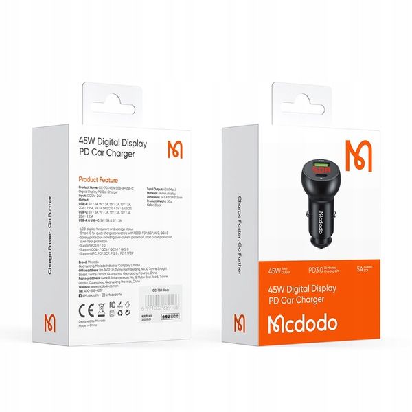MCDODO ŁADOWARKA SAMOCHODOWA USB/USB-C PD 45W LCD zdjęcie 7