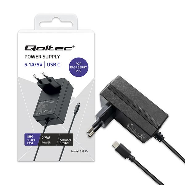 Qoltec Ładowarka Super FAST PD do Raspberry PI 5 USB-C 27W 5.1V 5A Czarna zdjęcie 1