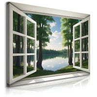 Obraz Canvas Do Salonu Sypialni Okno Las Jezioro Pejzaż Natura 120cm x 80cm