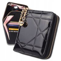 Pikowany Damski portfel skórzany PORTMONETKA mały CZARNY Lakierowany