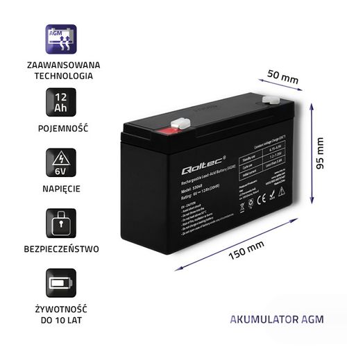 Qoltec Akumulator AGM | 6V | 12Ah | max. 180A na Arena.pl