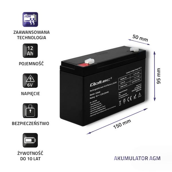 Qoltec Akumulator AGM | 6V | 12Ah | max. 180A zdjęcie 3