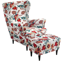 POKROWIEC NA FOTEL USZAK I PODNÓŻEK PUF ELASTYCZNY PRINT KWIATY BIAŁY