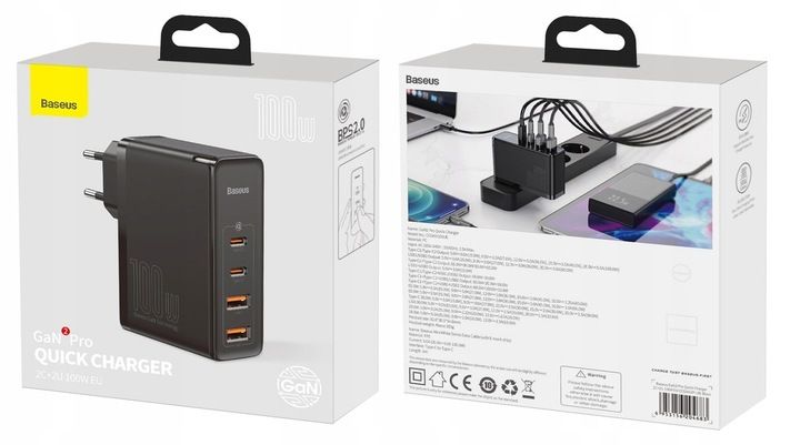 Ładowarka BASEUS GaN2 PRO 100W 2x USB-C/USB PD QC4 + Kabel USB-C zdjęcie 4