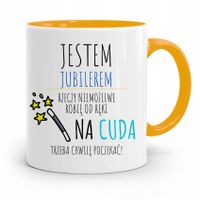 Dla Jubilera Kubek Żółty Na Cuda Trzeba Poczekać Z Nadrukiem Ze Zdjęciem