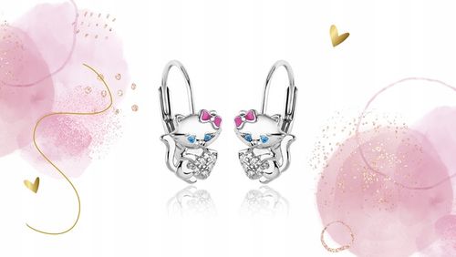 Kolczyki srebrne 925 kotki z kokardką dla dziewczynki chrzest/komunia na Arena.pl