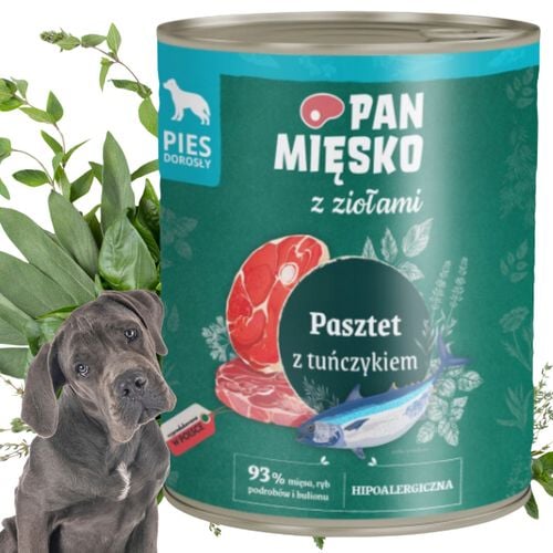 mokra karma dla psa pasztet tuńczyk i zioła pan mięsko hipoalergiczna 400g na Arena.pl