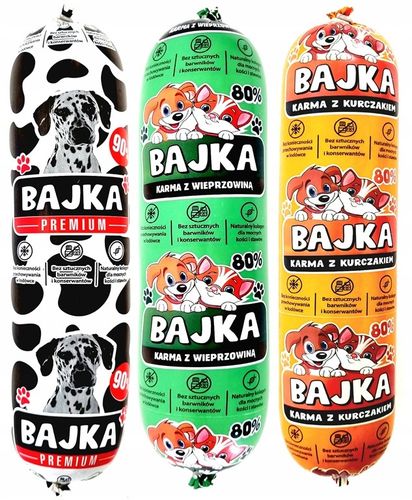 Karma dla psa mokra baton Bajka 80% i 90% mięsa mix smaków 1kg - 29 sztuk na Arena.pl