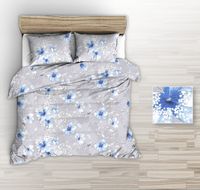 Pościel z kory 200x220 szara duże niebieskie rysowane kwiaty