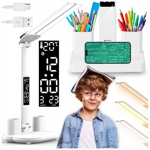 PODWÓJNA LAMPKA BIURKOWA LED Z ORGANIZEREM WYŚWIETLACZEM TEMP ZEGAR na Arena.pl