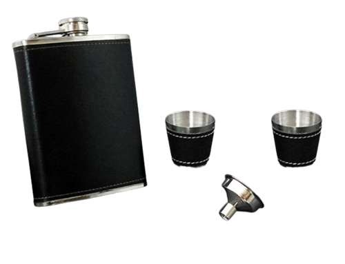 Piersiówka z Kieliszkami w Zestawie Obszyte Czarną Skórą + Lejek na Prezent na Arena.pl