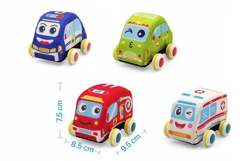 PLUSZOWE MIĘKKIE AUTKA SAMOCHODZIKI Z NAPĘDEM ZESTAW 4 SZTUK na Arena.pl