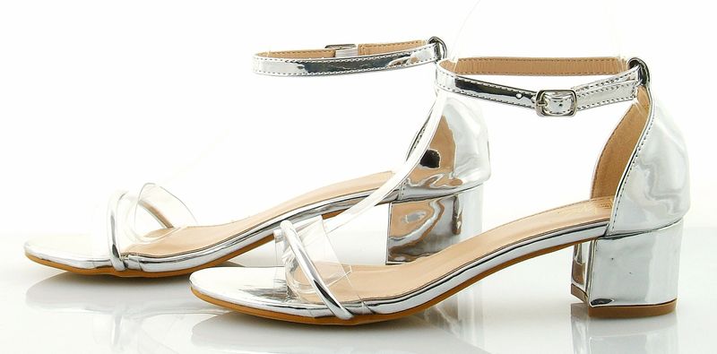 Sandały na słupku 4,5 cm. piętka pasek srebrne Rozmiar obuwia - 37 zdjęcie 4
