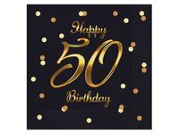 Serwetki, B&C Happy 50 Birthday, czarne, nadruk złoty, 33 cm x 33 cm 20 szt