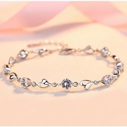 Bransoletka Damska Srebrna Łańcuszki Serduszka Heart Kryształki Na Prezent zdjęcie 7