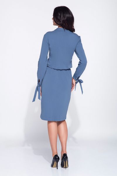 Monochromatyczna sukienka z subtelnym dekoltem wiązaniem przy szyi oraz  mankietach - Niebieski M - archiwum 