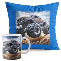 ZESTAW KUBEK + PODUSZKA NIEBIESKA - AUTO MONSTER TRUCK