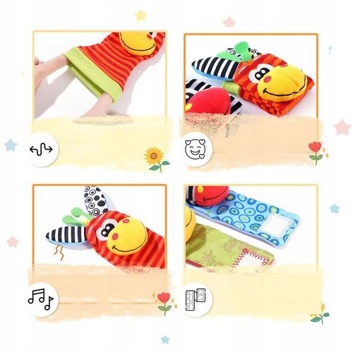 4x SKARPETKI + OPASKI 3D GRZECHOTKI SOZZY ZABAWKA SENSORYCZNA DLA NIEMOWLĄT na Arena.pl