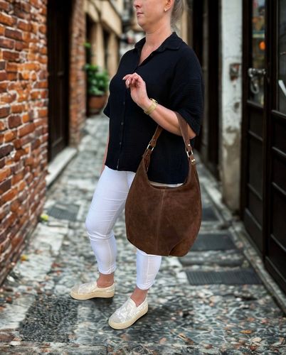 BRĄZOWA ZAMSZOWA TOREBKA WOREK CZEKOLADOWA TOREBKA ZAMSZ NATURALNY NA ZAMEK na Arena.pl