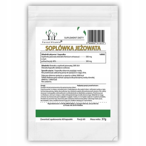 Soplówka Jeżowata 500mg 60kap LION'S MANE PAMIĘĆ MÓZG KONCENTRACJA na Arena.pl