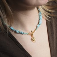 Naszyjnik z zawieszką - Larimar sieczka, słońce i srebro złocone