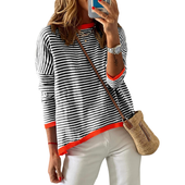 Sweter damski w paski 100% bawełna okrągły dekolt czarno-biały ciepły M