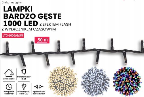 ZEWNĘTRZNE LAMPKI CHOINKOWE 1000 LED GĘSTE 50m KOLOROWE + FLESZ na Arena.pl
