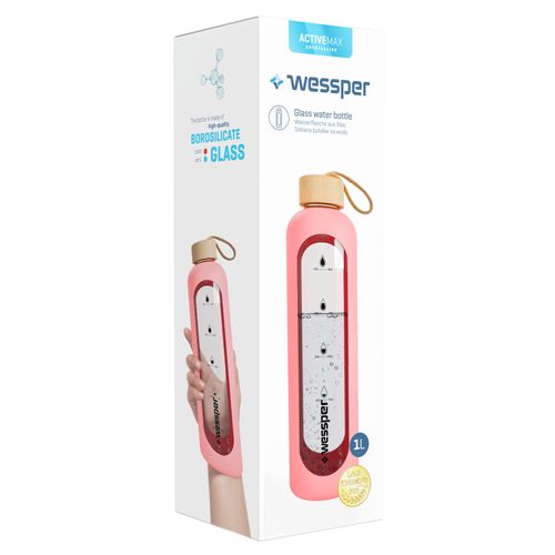Wessper Activemax Crystalline 1L szklana butelka motywacyjna z różowym etui na Arena.pl