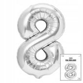 BALON FOLIOWY CYFRĄ CYFERKA 8 SREBRNA NA IMPREZE URODZINOWĄ 40cm