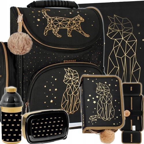 TORNISTER SZKOLNY PLECAK DLA DZIEWCZYNKI ZŁOTY KOTEK FUTERKO 5 elementów na Arena.pl