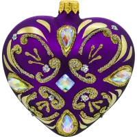 Bombka choinkowa szklaSerce ze złotymi zdobieniami i kryształami: purpurowe