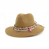 Kapelusz słomkowy damski panama plażowy na plaże muszelki frędzle chwost