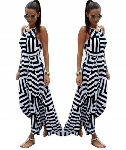 DŁUGA MODNA KOBIECA SUKIENKA MAXI W PASKI GRECKA DEKOLT RAMIĄCZKA WIĄZANA na Arena.pl