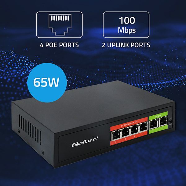 Qoltec Switch PoE 4x RJ45 + 2x Uplink, 65W, Fast Ethernet zdjęcie 3