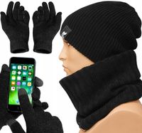Zimowy KOMPLET Męski CZAPKA + KOMIN + RĘKAWICZKI DO TELEFONU CIEPŁY czarny