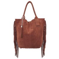 VERA PELLE torebka zamszowa shopper z frędzlami i saszetką V460 brązowa