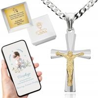 Srebrny łańcuszek i krzyżyk zestaw komunijny 45 cm srebro pozłacany prezent