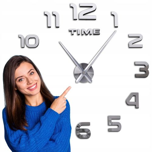 ZEGAR NAKLEJANY DIY 3D DUŻY CICHY POŁYSK EFEKT LUSTRZANY SREBRNY 130 na Arena.pl