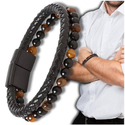 Męska bransoletka skórzana z naturalnymi kamieniami koraliki na Arena.pl