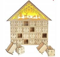 DREWNIANY KALENDARZ ADWENTOWY DOMEK LED PREZENT